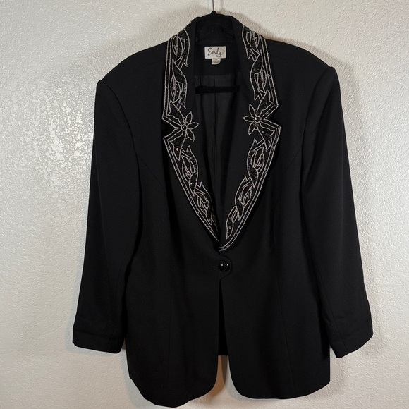 Vintage Emily Black Beaded Removable Lapel Single Button Wool Blazer Size 22W - Picture 1 of 8